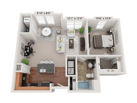 Floor plan for 1 bed, 1 bath, 795 sqft